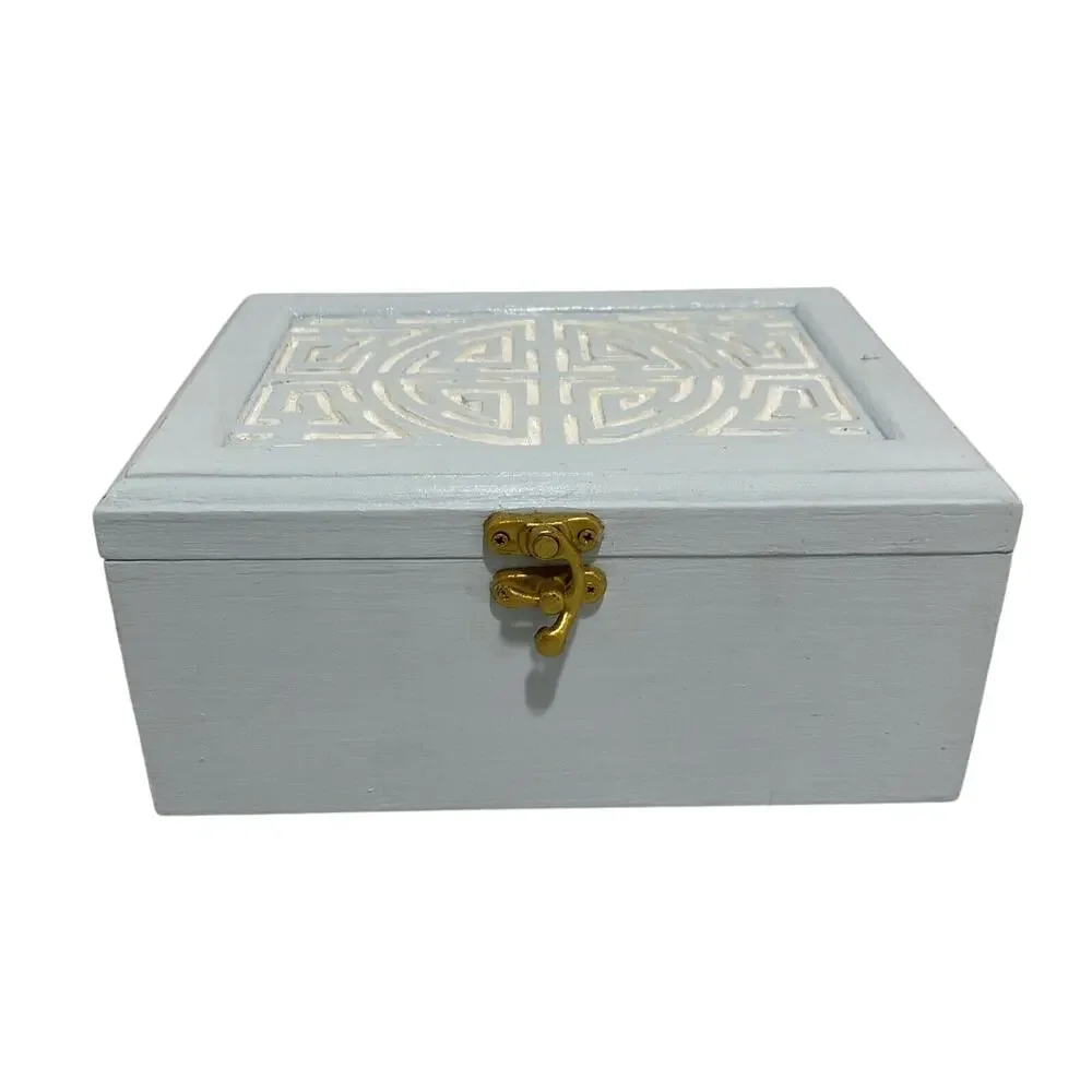 Vintage jewelry trinket keepsake box modified wood painted blue & white crafted